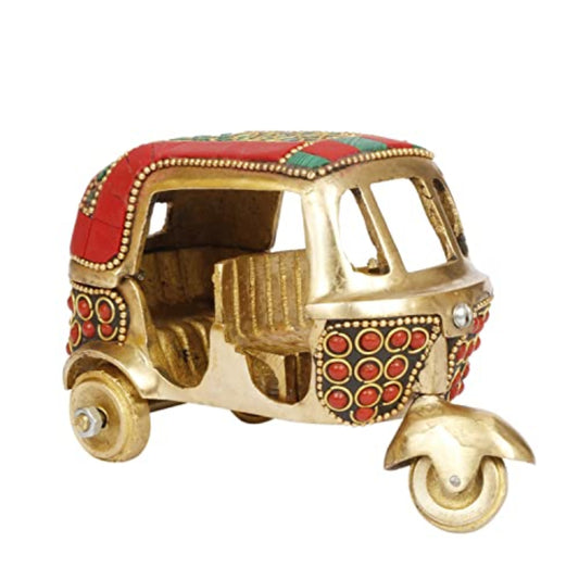 Brass Auto Rickshaw Indian Collection of Handicraft Items Home Decor Showpiece Gift Stone Studd Tuk Tuk Vehicle (Red)