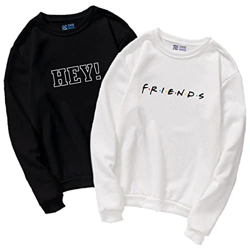 FP Apparels Women's Cotton Round Neck Sweatshirt (W-Hey/Friends-SS_Black-White