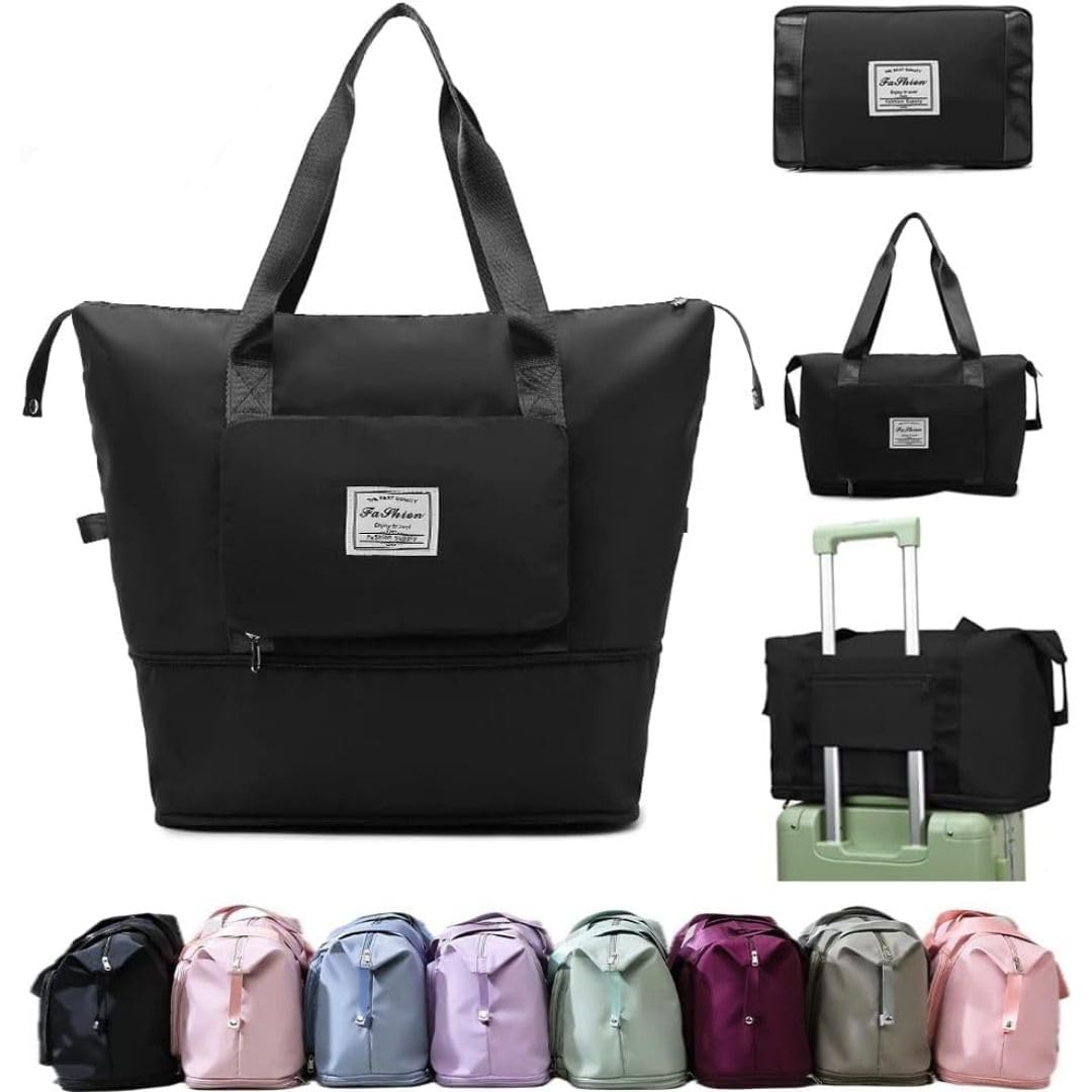 Nylon 41 Liter Expandable Travel Bags for Women, Duffle Bags for Women Luggage, Foldable Vanity Traveling Bag, Waterproof Hand Bag for Ladies Personal Items (Black)